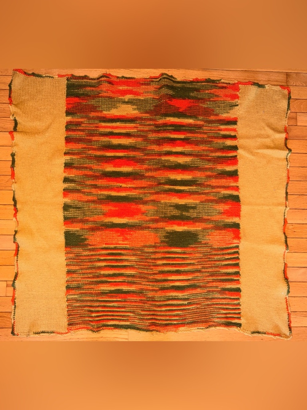 Vintage crocheted throw blanket orange green 39.5 in by 41 in Grandmacore 70s